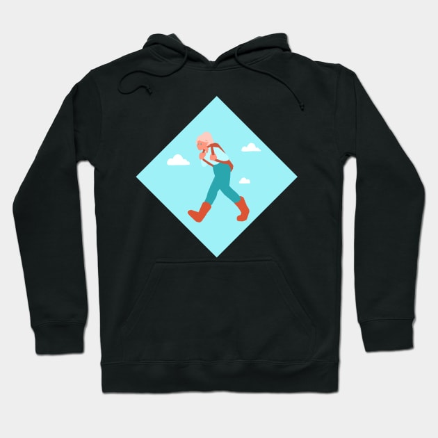 Travelling Backpacker on a Blue Sky Hoodie by PaperRain